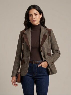 Y2K Vintage Dollhouse Herringbone Tweed Velvet Trim Riding Blazer Jacket L Brown